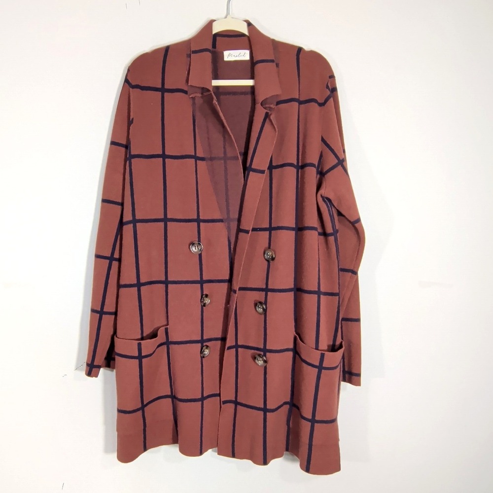 Marled Rust Orange Windowpane Cardigan; Double Breasted Knit Blazer Coat